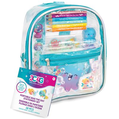 3C4G: Portable Seas The Day! Stationary Set - 8" Mini Backpack Case, Ocean Themed, Stickers-Highlighters-Color Pencils-Stamps-Note Pad, Girls & Kids