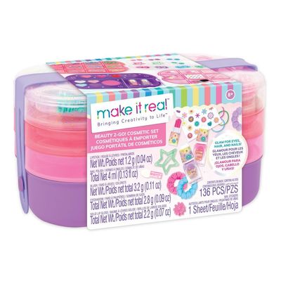 Make It Real: Beauty 2-Go! Cosmetic Set - 136pcs, Glam for Eyes-Hair-Nails, Tray Compartments, Pink & Purple Storage Carry Case, Girls & Kids Ages 8+