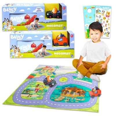 Bluey Play Mat with Vehicle Set for Kids - Bundle with 2 Playmats, 2 Vehicles, Stickers & Castle Door Hanger | Bluey Play Sets for Girls & Boys, Ages 3+