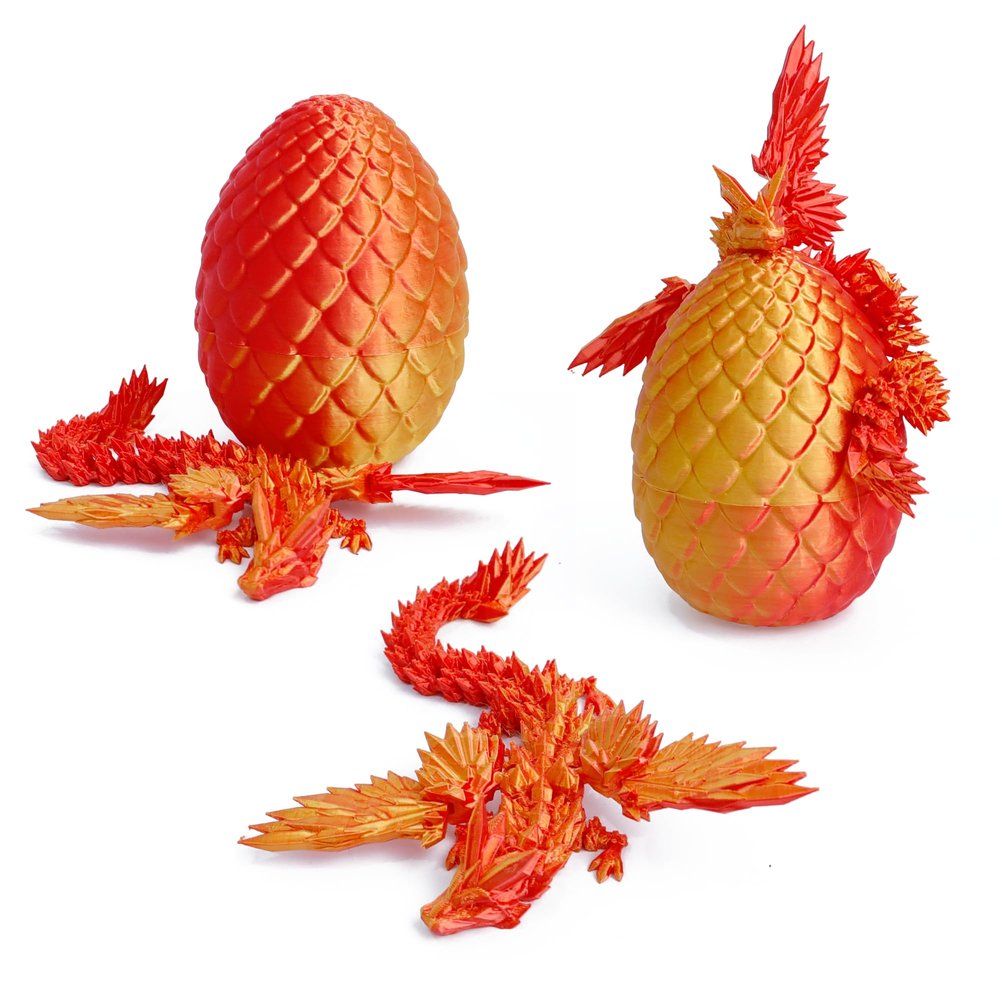 Flavery 3D Printed Flying Dragon in Egg - 9" Flexible Winged Dragon Inside, Easter Egg, Colorful Fidget Toy, Birthday Gift, Desk Pet Figure (Red Gold)
