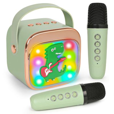 Dinosaur Karaoke Machine for Kids, Portable Mini Karaoke Machine with 2 Wireless Microphones, 4 5 6 7 8 9 10 Years Old Girl Boy Easter Christmas Birthday Gift Colorful Lighted Speaker Party Toys