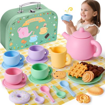 Golray Silicone Tea Sets for Toddlers 3-5, 22pcs Washable Tea Party Set with Storage Box/ Picnic Cloth, Pretend Play Kitchen Accessories Birthday Gifts Girls Toys for Kids 3 4 5 6 Years Old