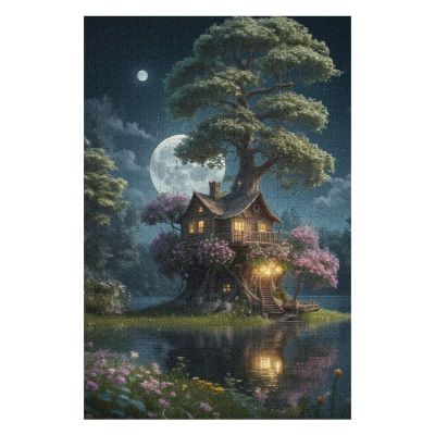 Summer Treehouse by The Lake Moon Flower Fantasy Jigsaw Puzzles Holiday Puzzles for Adults 500 Pieces Puzzles Educational Games Gift for Elders Family Friend Gift for Women Men 20.5x15 Inch