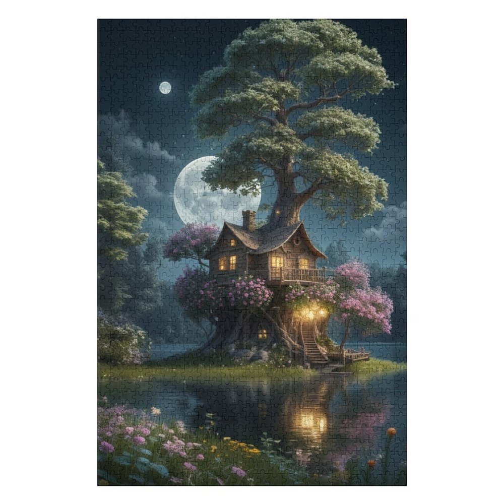 Summer Treehouse by The Lake Moon Flower Fantasy Jigsaw Puzzles Holiday Puzzles for Adults 500 Pieces Puzzles Educational Games Gift for Elders Family Friend Gift for Women Men 20.5x15 Inch