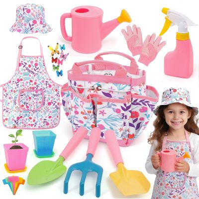 FUNCREVITY Kids Gardening Tool Set Kids Gardening Tools Shovel Rake Fork Trowel Apron Gloves Watering Can and Tote Bag Toddler Gardening Tools for Kids Best Outdoor Toys Gift for Boys and Girls