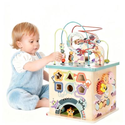 Udeas Pre-Assembled 5 in 1 Wooden Activity Cube. Educational Learning Toy for Kids with Bead Maze, Shape Sorter and Music Gears. for Toddlers 18 Month+. Birthday Gifts for Boys and Girls