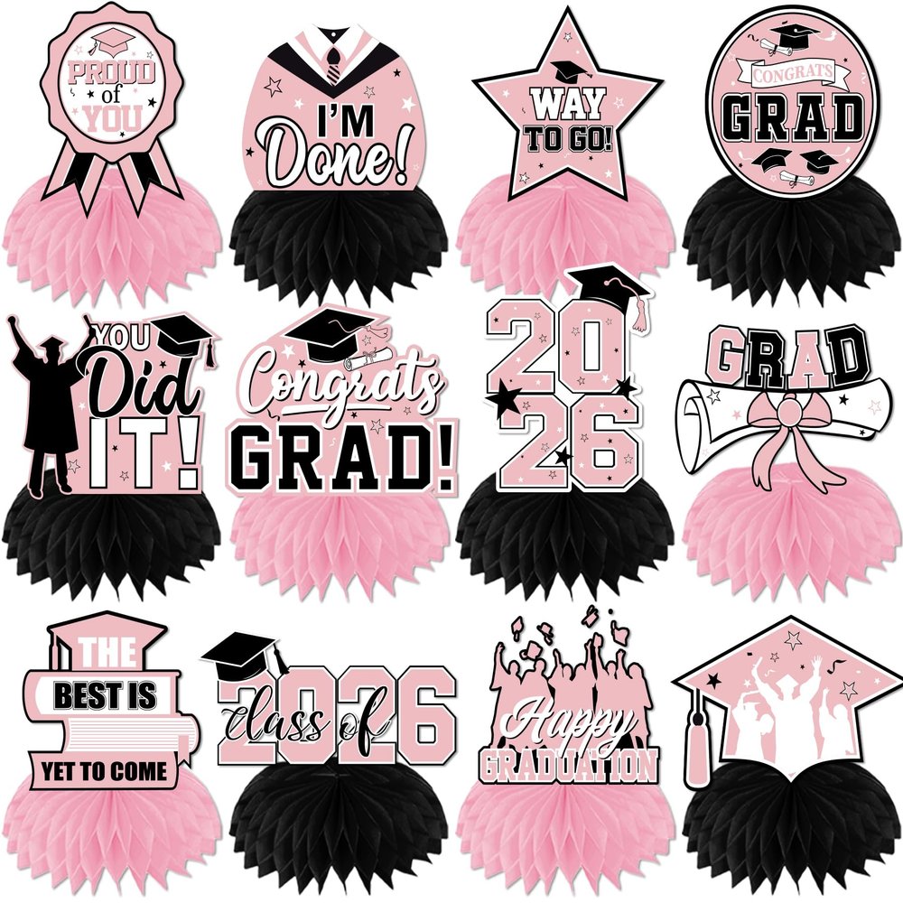 12Pcs Pink Graduation Decorations Honeycomb Centerpieces, Class of 2026 Graduation Centerpieces for Tables Pink and Black Congrats Grad Graduation Table Decorations, Pink Graduations Table Toppers
