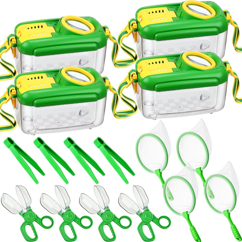 Halloscume 4 Sets Bug Catcher for Kids Students Insect Catching Kit Collector Bug Box with House, Butterfly Net, Tweezer, Cage Habitats Container Collection Explorer Gift (Green)