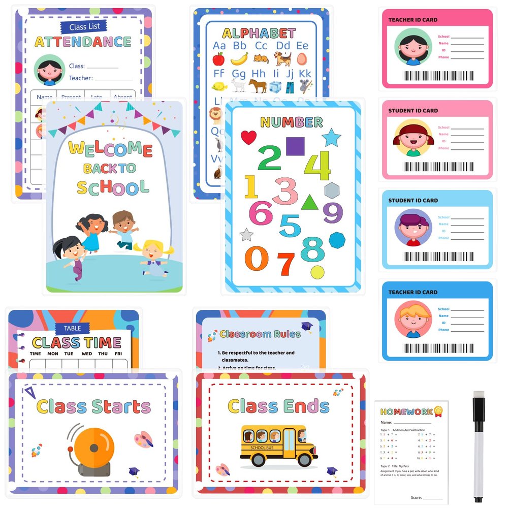 8 PCS Pretend School Teacher Set Teacher Role Play Stuff Kids Pretend School Play Pretend School Kit Pretend School Supplies Double-Sided with Alphabet Number Card&Pen Educational School Supplies
