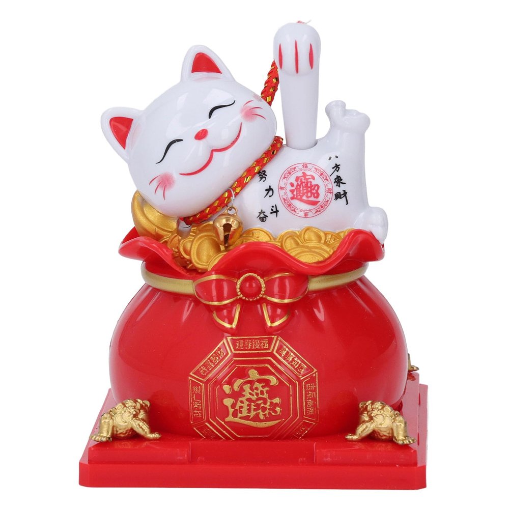 Lucky Cat Waving Arm Lucky Cat, Solar Fortune Vivid and Lovely Chinese Cat Statue Decoration for Front Desk, Car, Grand Opening, Business Openings (Red)