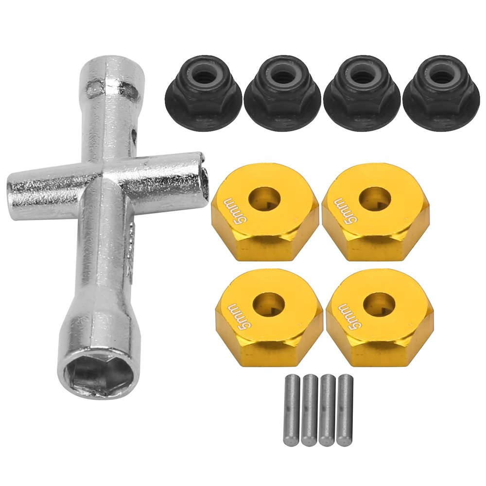 12mm Wheel Hex Adapter Cross Wrench Set for 1/10 RC Car, NonSlip Nut Kit Aluminum Alloy Material (Gold)