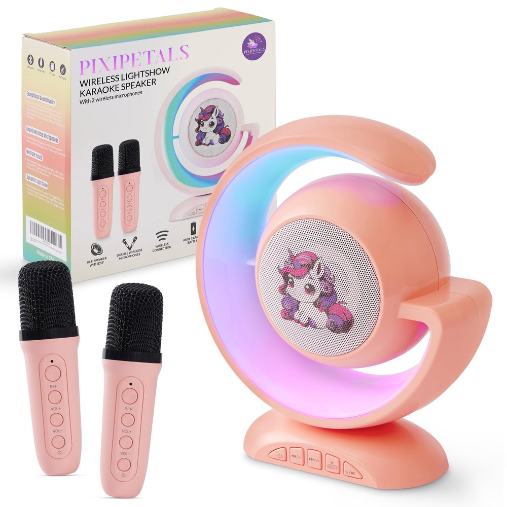Karaoke Machine for Kids - Portable Karaoke Speaker for Girls with 2 Wireless Bluetooth Microphones and Party Lights - Pink Unicorn Design Best Gift for Girls Ages 5,6,7,8,9,10,11,12 & Teens