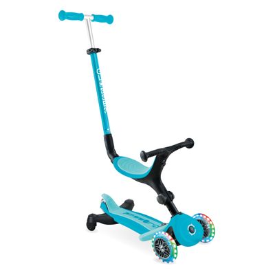 Globber - GOUP Active Lights 360 - Evolutionary Scooter with 360 Rotating Seat, Footrest, LED Lights and 3 Wheels, for Children from 15 Months to 6 Years - Aqua Blue