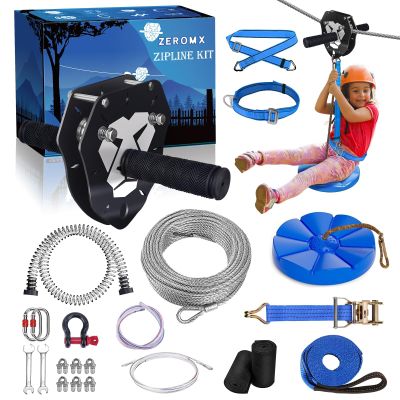 Zip Line Kit 120ft 150ft for Kids Adults Up to 380lb Removable Lion Trolley, 6.5ft Spring Brake, Upgraded Ratchet System, Safety Harness, Tree Protectors, Seat Backyard Zipline Set for Outdoor
