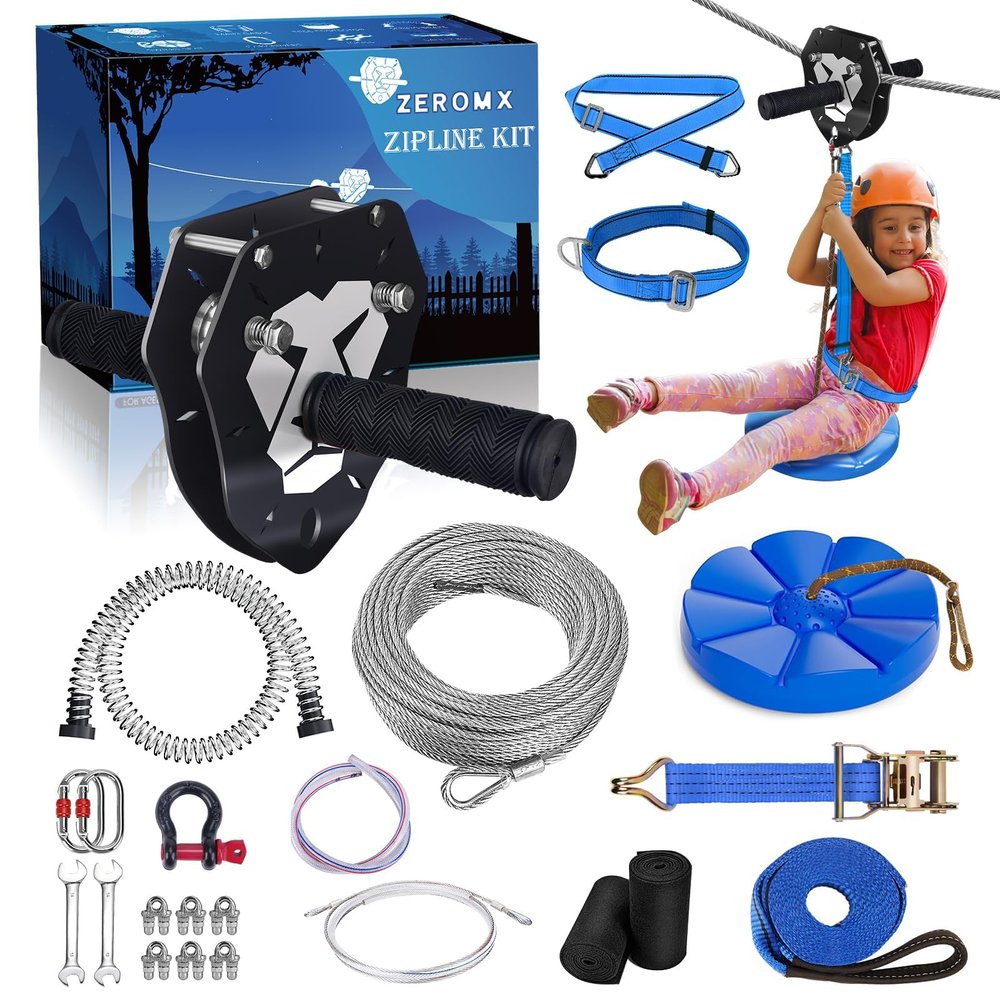 Zip Line Kit 120ft 150ft for Kids Adults Up to 380lb  Removable Lion Trolley, 6.5ft Spring Brake, Upgraded Ratchet System, Safety Harness, Tree Protectors, Seat  Backyard Zipline Set for Outdoor