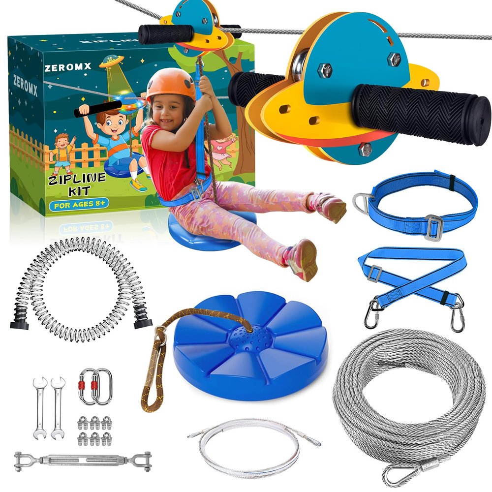 ZEROMX Zip Line Kit for Kids and Adults Outdoor, UFO Trolley 75/100/120/150ft Zipline for Backyard, Up to 350 Lbs, Included Swing Seat, Ziplines Spring Brake and Safety Harness