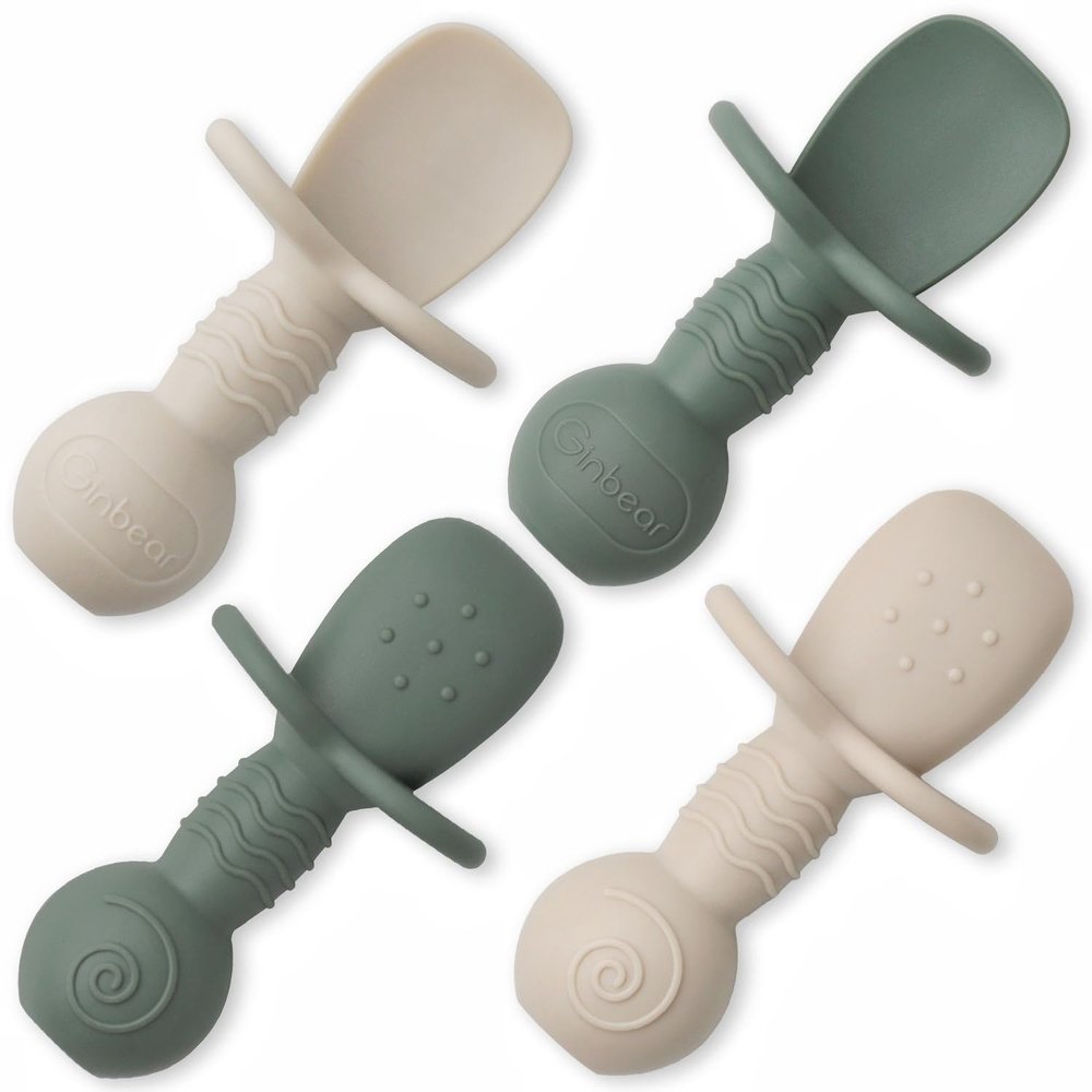 Ginbear Platinum Silicone Baby Spoons Self Feeding 6 Months First Stage, Non Toxic Infants Led Weaning Utensils for Training, Soft BLW Supplies Pack of 4 (Dark Sage/Ivory)