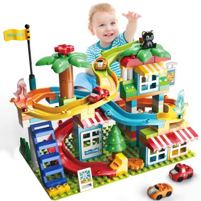 XYNGU Marble Run Building Blocks,Classic Large Blocks Maze Track Sets with 4 Cars,STEM Toy Bricks Maze Puzzle Set Race Track Compatible with Major Brands for Age 3 4 5 6 7 8+ Boys Girls Gift