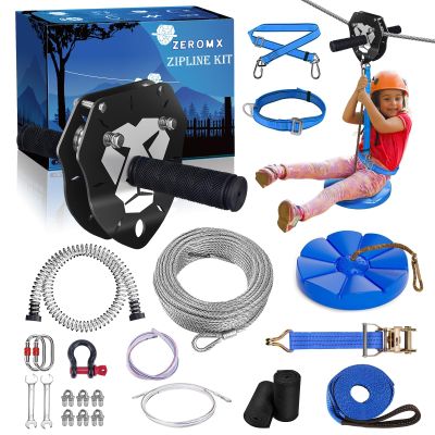 ZEROMX Zip Line Kit 120ft 150ft for Kids Adults Up to 380lb  Removable Lion Trolley, 6.5ft Spring Brake, Upgraded Ratchet System, Safety Harness, Tree Protectors, Seat  Outdoor Backyard Zipline Set