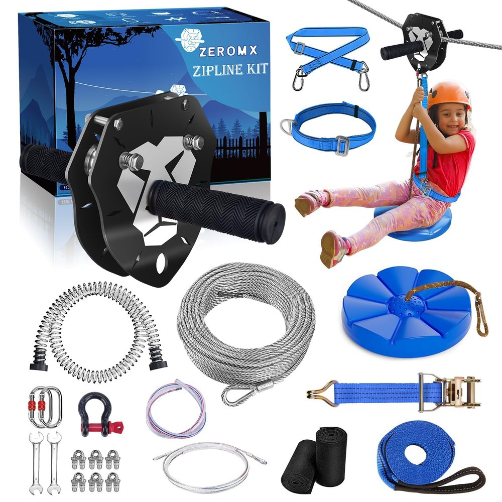 ZEROMX Zip Line Kit 120ft 150ft for Kids Adults Up to 380lb  Removable Lion Trolley, 6.5ft Spring Brake, Upgraded Ratchet System, Safety Harness, Tree Protectors, Seat  Outdoor Backyard Zipline Set
