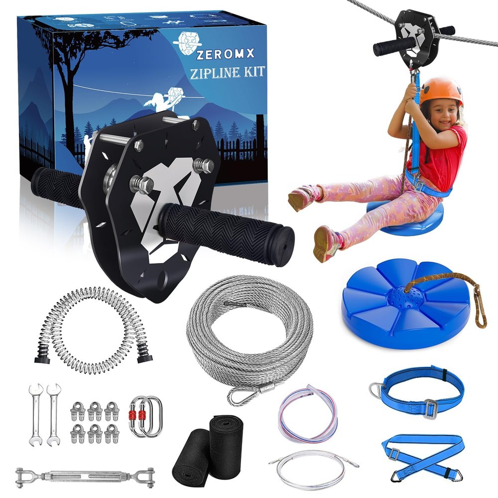 ZEROMX 75ft/100ft/120ft/150ft Zip Line Kit for Kids and Adults Up to 380lb  Upgraded Removable Lion Trolley, 6.5ft Spring Brake, Tree Protectors, Safety Harness & Seat  Zipline Kits for Backyard