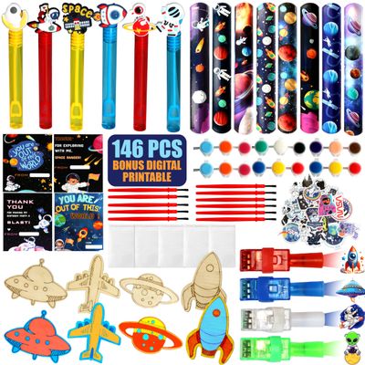 146 Pc Space Party Favors Set Includes 12 Outer Space Wood Painting Crafts, Wristbands, LED Finger Lights, Bubbles & Astronaut Cards Fun Space Themed Party Favors & Classroom Prizes for Kids