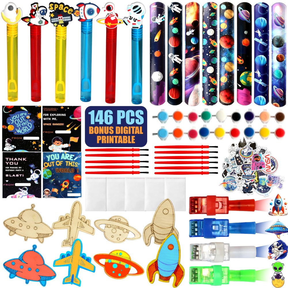 146 Pc Space Party Favors Set  Includes 12 Outer Space Wood Painting Crafts, Wristbands, LED Finger Lights, Bubbles & Astronaut Cards  Fun Space Themed Party Favors & Classroom Prizes for Kids