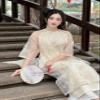A37 Cream Yellow Ao Dai Vietnam | Vietnamese Traditional Ao Dai For Women | Ao Dai For Women | Vietnamese Dress For Women | Ao Dai Tet (M) view 4