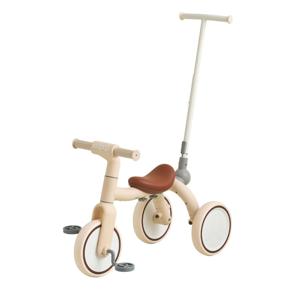 4-in-1 Toddler Tricycle with Adjustable Push Handle for 1-4 Year Old,Birthday Gift and Toy for Boys and Girls Removable Pedals Balance Bike&Scooter (Beige)