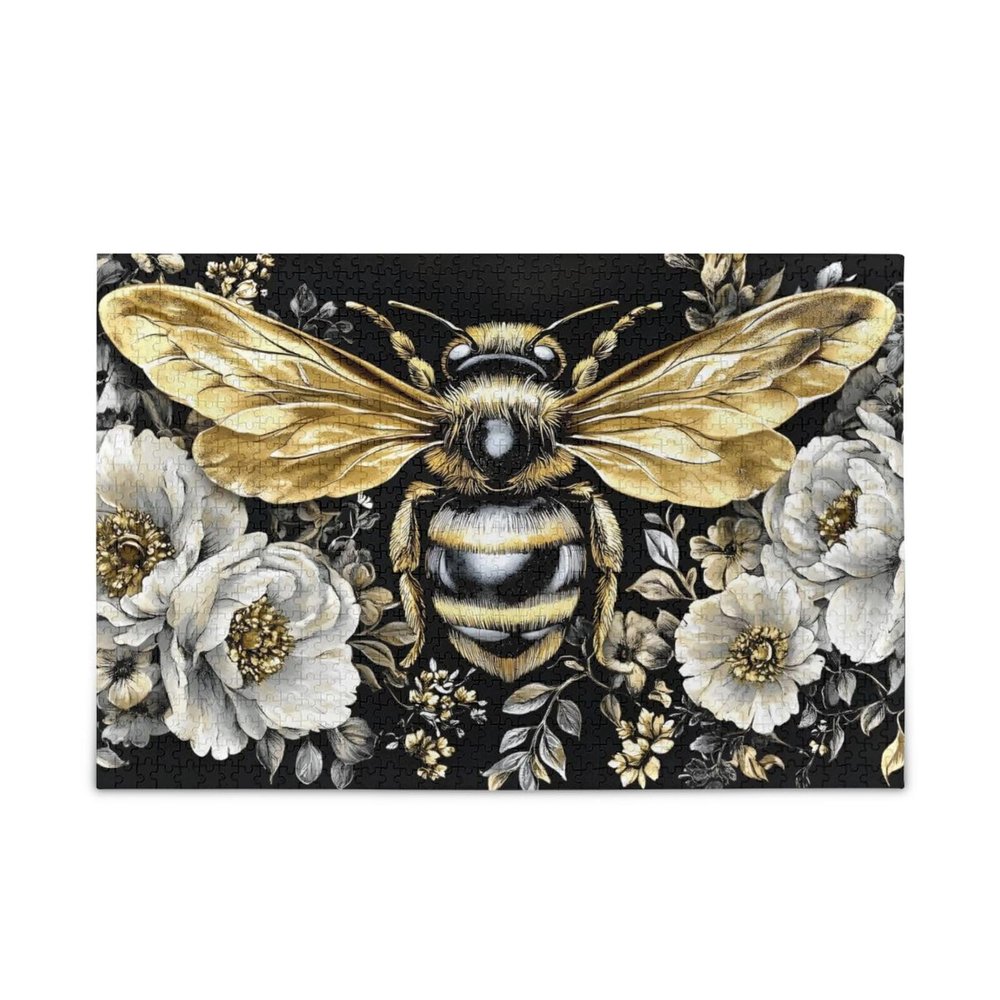 XYMZR Bee Floral White Gold Jigsaw Puzzle 500 Piece, Educational Intellectual Decompression Puzzle Game Jigsaw Puzzle for Adult Active Thinking Party Entertainment, Family Games