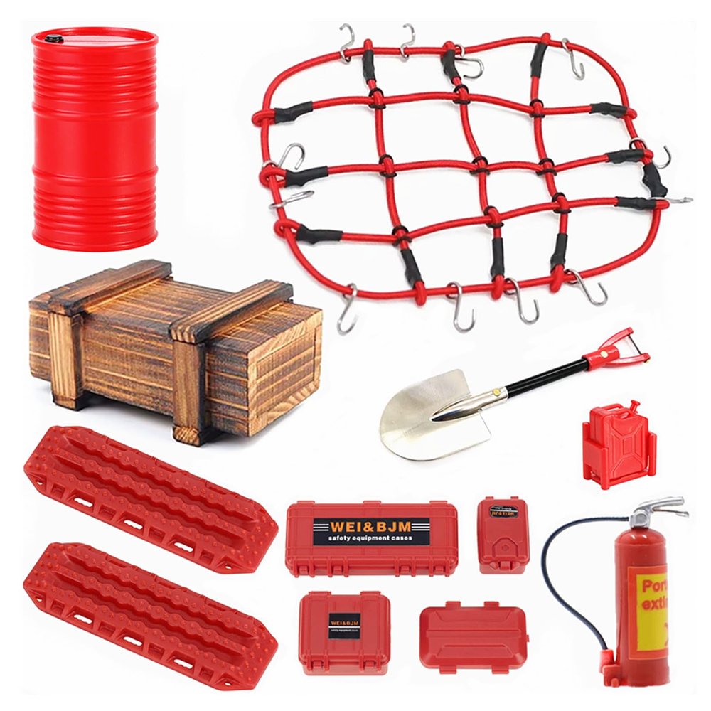 1/24 & 1/18 RC Crawler Accessories Simulation Decoration Mini Luggage Net, Recovery Board, Fuel Tanks, Fire Extinguisher, Wood Box, Shovel for 1/18 TRX4M 1/24 Axial SCX24 FMS (Red)
