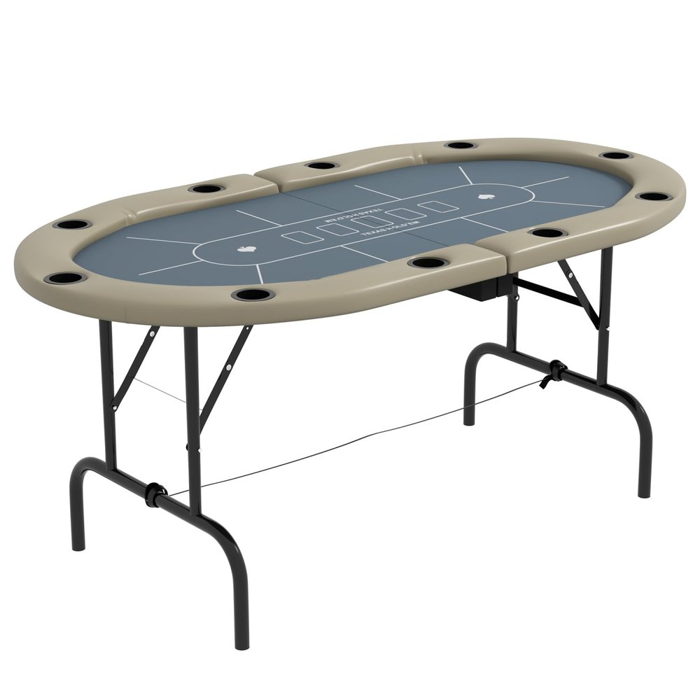 Foldable Poker Table - 70" Oval Casino-Style Gaming Table for 10 Players, Blue & Brown