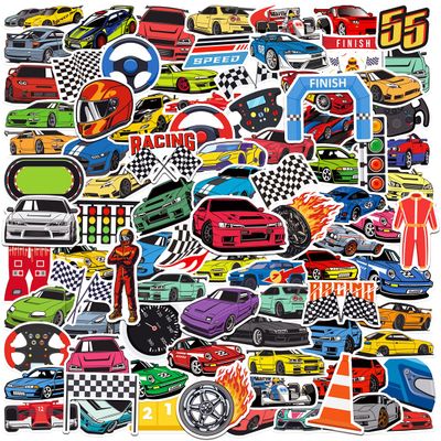 100pcs Race Car Theme Waterproof Vinyl Stickers - Racing Decor & Party Favors for Laptop, Water Bottle, Skateboard