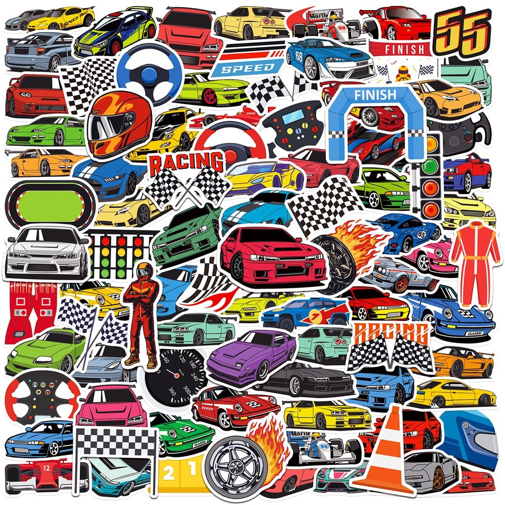 100pcs Race Car Theme Waterproof Vinyl Stickers - Racing Decor & Party Favors for Laptop, Water Bottle, Skateboard