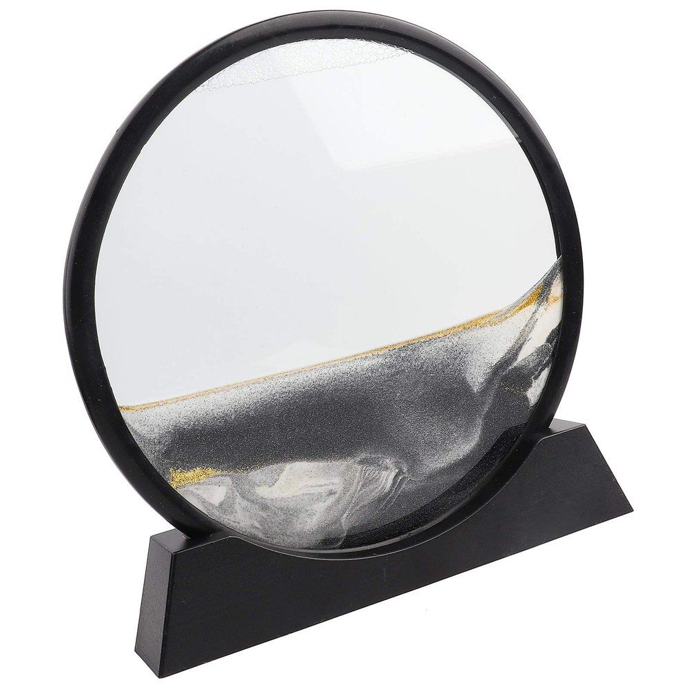 Flowing Sand Painting, 3D Hourglass Decoration Round Glass Frame Artwork Landscape Quicksand Decor River Black (12 inches Black)