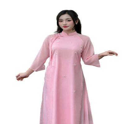 A27 Pink Floral attached Ao Dai NO PANTS | Vietnamese Traditional Ao Dai For Women | Bridal Ao Dai | Vietnamese Dress For Women | Ao Dai Tet (XS)