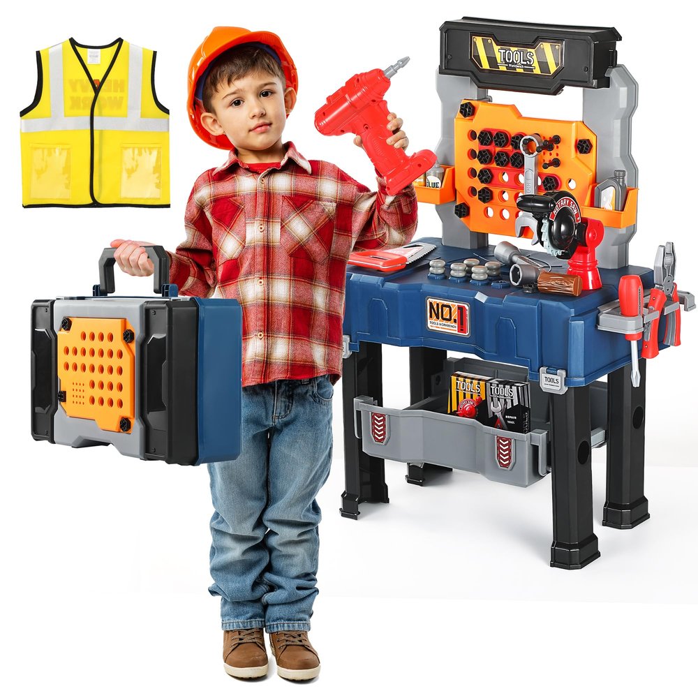 Kids Tool Bench - Power Tools Workshop-Kids Workbench, 65 Pcs Realistic Toy Tools with Electronic Toy Drill & Work Clothes, Gift for Boys & Girls Age 3-5 (Navy Blue)
