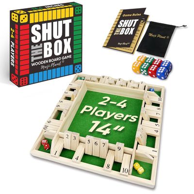 14" Deluxe Shut The Box Game, Math Dice Board Game for Family Night Classroom Travel, Wooden Table for Group Kid Adult Senior, Travel Party Bar, Easy Quick and Fun, 2-4 Players