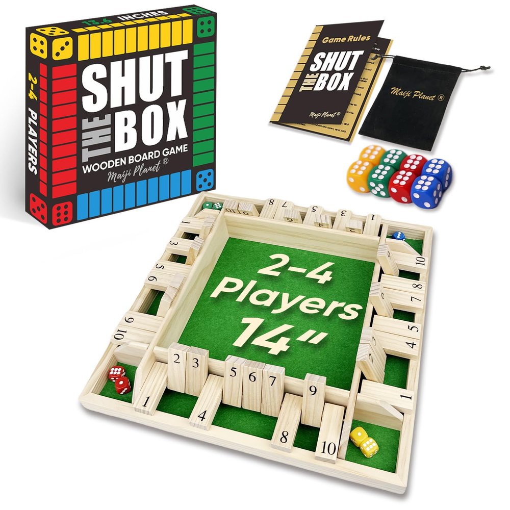 14" Deluxe Shut The Box Game, Math Dice Board Game for Family Night Classroom Travel, Wooden Table for Group Kid Adult Senior, Travel Party Bar, Easy Quick and Fun, 2-4 Players