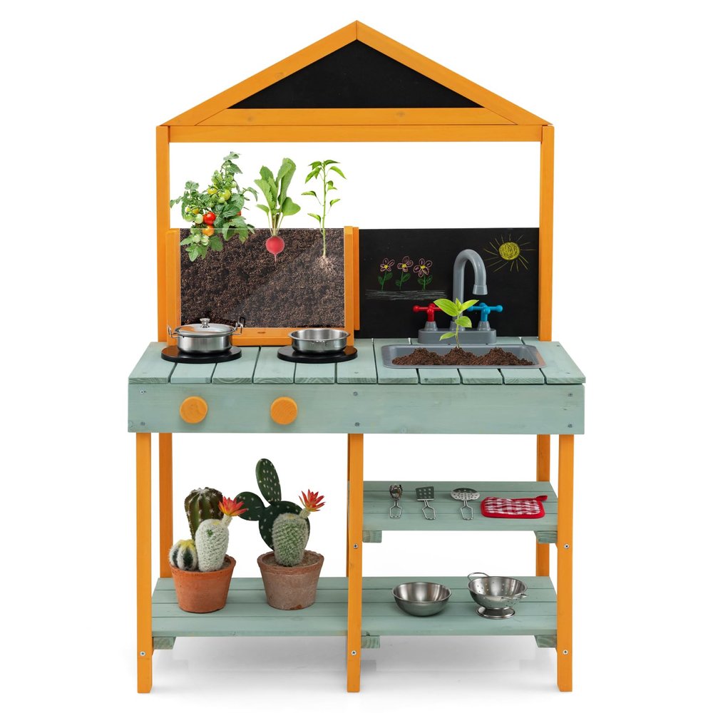 HOMGX Mud Kitchen, Fir Wood Outdoor Play Kitchen with a Transparent Planter Box, Sink, Faucet, Blackboard, Toddler Outdoor Mud Kitchen for Backyard Garden