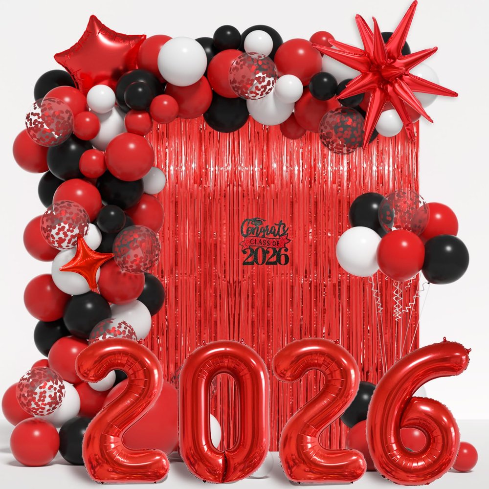 Graduation Balloon Arch Kit 2026 Graduation Party Decorations, Different Sizes 5 12 18 Inch Red Black Graduations Balloons Arch with Class of 2026 Cake Toppers, Fringe Curtain, Star & 2026 Balloons