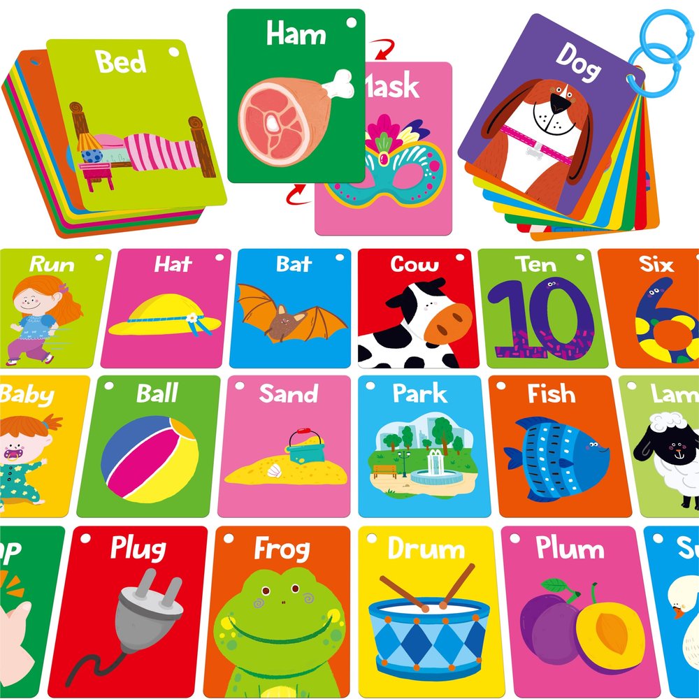 52 PCS Word Flashcards, 52 CVC Words & 52 CVCC, CCVC Words Double-Sided Cards with 2 Rings, Vocabulary Phonics Learning, Educational Tool for Preschool, Kindergarten, Toddlers