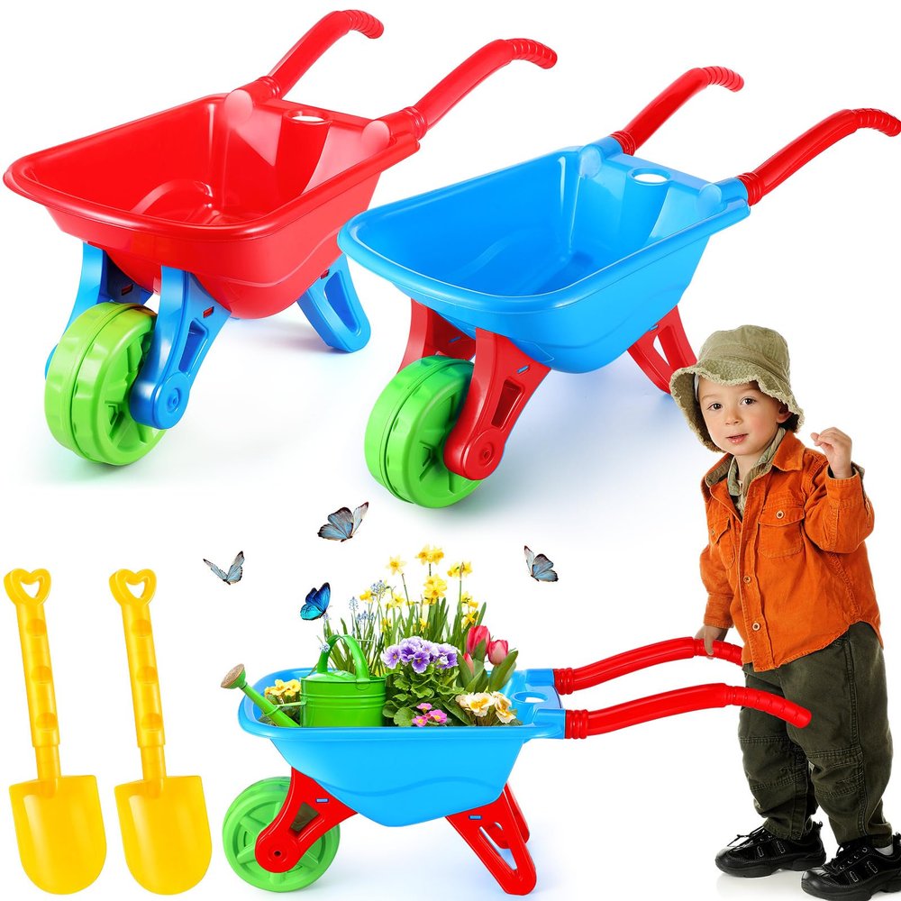 Motionchic 2 Set Kid Wheelbarrow Set, Kids Gardening Tool with Long Shovel Sets, Pretend Indoor Outdoor Activities Gifts for Boys and Girls, Lightweight Plastic Wheelbarrow(Red Blue)