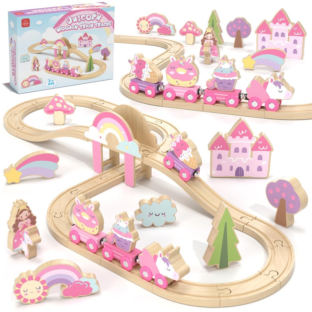 Lehoo Castle Wooden Train Set - Unicorn Train Set for Toddlers 2-4, Wooden Train Track Toddler Girl Toys, Pink Train Fantasy Toys for 3 4 5 6 7 Year Old Girl