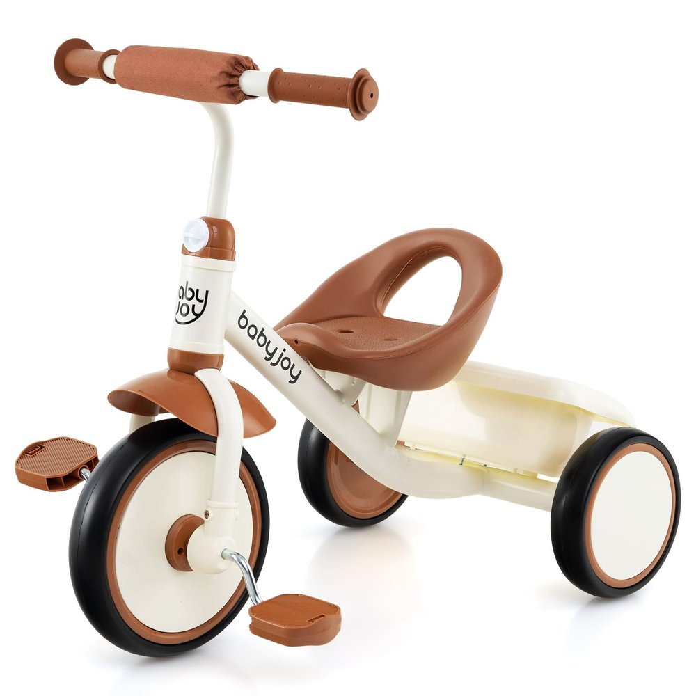 BABY JOY Toddler Tricycle, Kids Trike with Adjustable Seat and Storage Basket for Boys Girls Indoor and Outdoor Riding, Toddler Trike for Baby 3-5 Years Old (Beige)