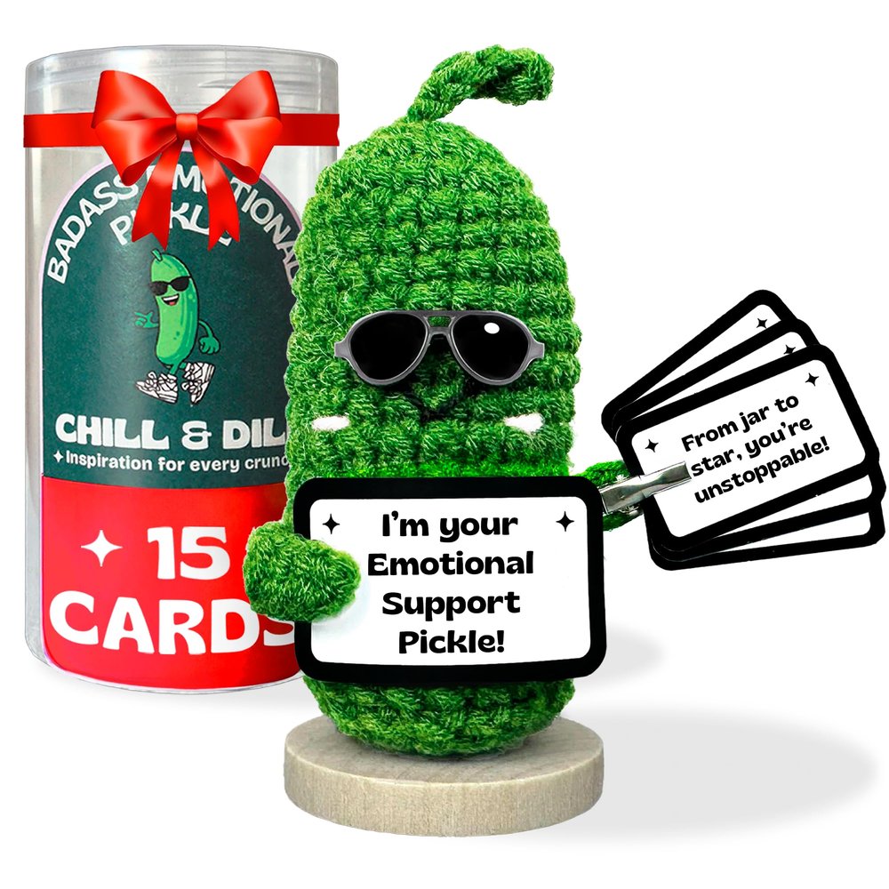 Almacura Emotional Support Pickle. Premium Handmade Crochet Plush. 15 Motivational Swappable Cards and Customizable QR Messages. Funny Gift for Friends, Coworkers, Motivational Gift.