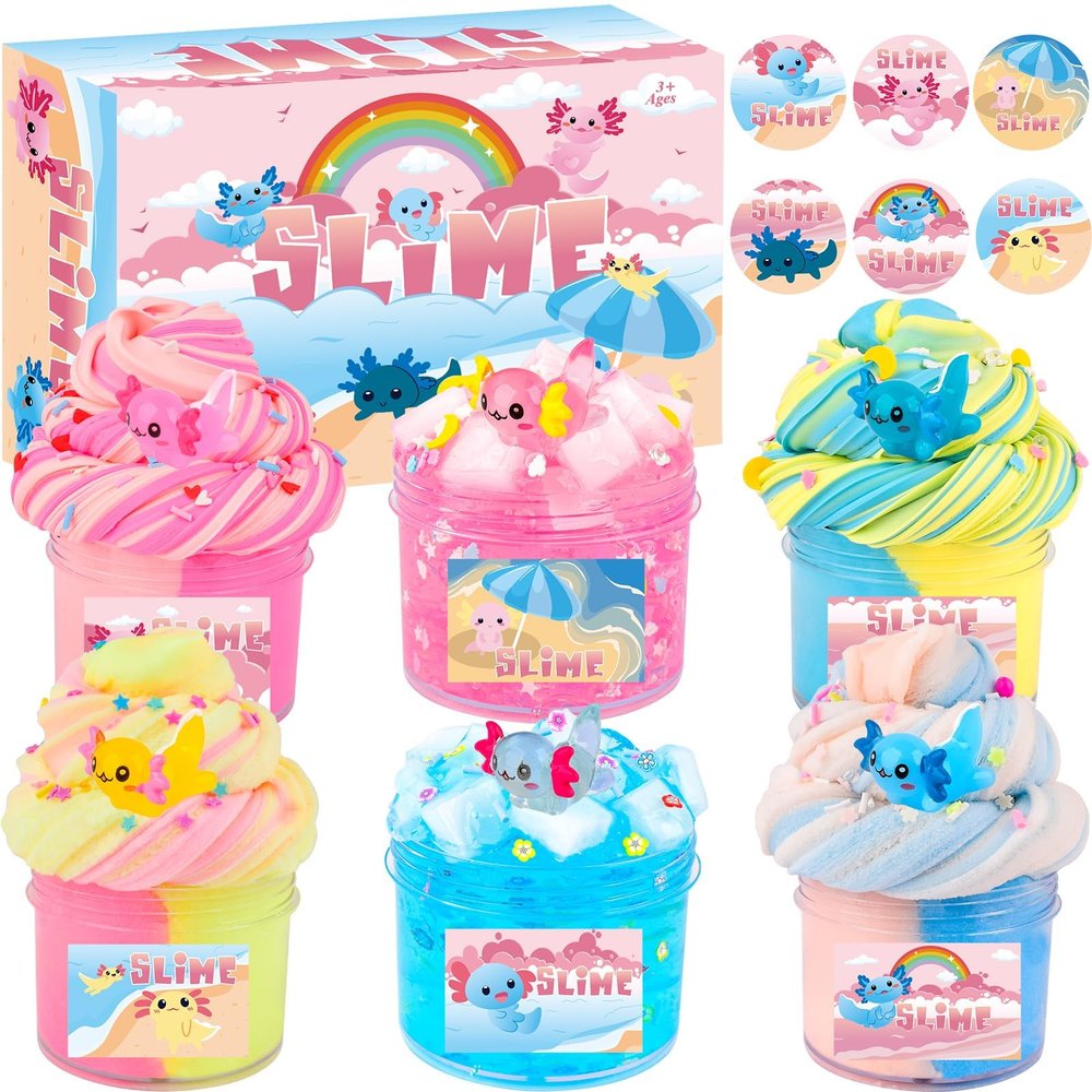 6 Pack Axolotl Slime Kit, Cloud, Butter & Clear, Christmas Slime Party Favors for Kids with Axolotl Charms, Soft and Stretchy, Slime for Girls & Boys, Classroom Rewards, Birthday Gifts