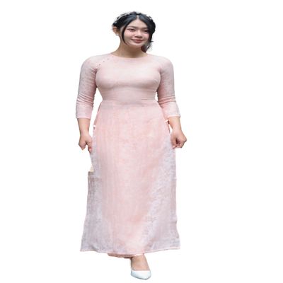 A29 Pink Floral Round Neckle Ao Dai Set | Vietnamese Traditional Ao Dai For Women | Bridal Ao Dai | Vietnamese Dress For Women | Ao Dai Tet (S)