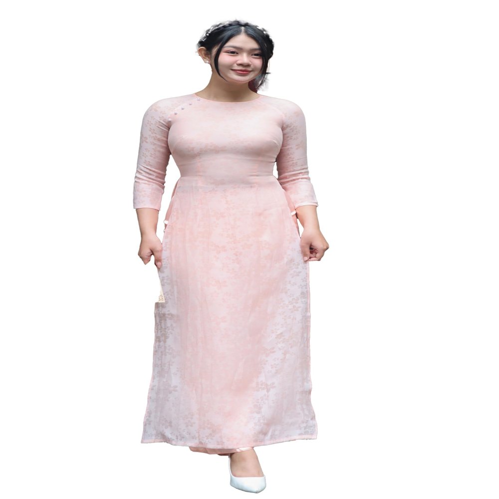 A29 Pink Floral Round Neckle Ao Dai Set | Vietnamese Traditional Ao Dai For Women | Bridal Ao Dai | Vietnamese Dress For Women | Ao Dai Tet (S)