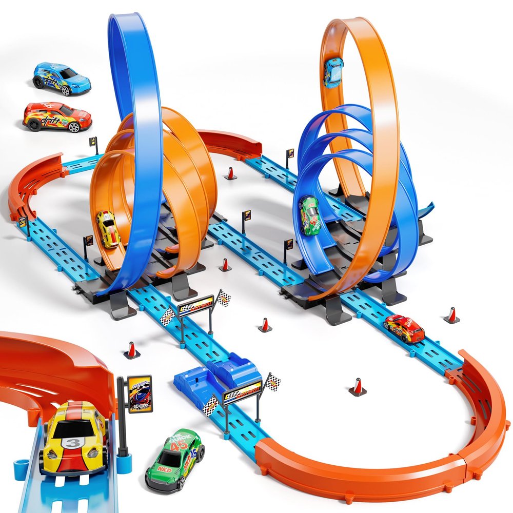 Car Race Track Set for Kids 3 4 5 6 7 8 9 Years OldRacing Game car ToysBoys Toy Girls 6-1272PC DIY 34 ft Track with 4 Small Cars, Gifts for Kids 3-5